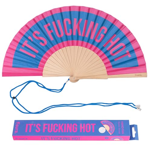 Fisura – Original Folding Fan It's f*cking hot, Wooden Hand Fans for Women Foldable, Pink and Blue Design for Raves, Festivals, Weedings, Hanger Included. Size: 16.7 x 9 inches - color: Hot, Blue and Pink