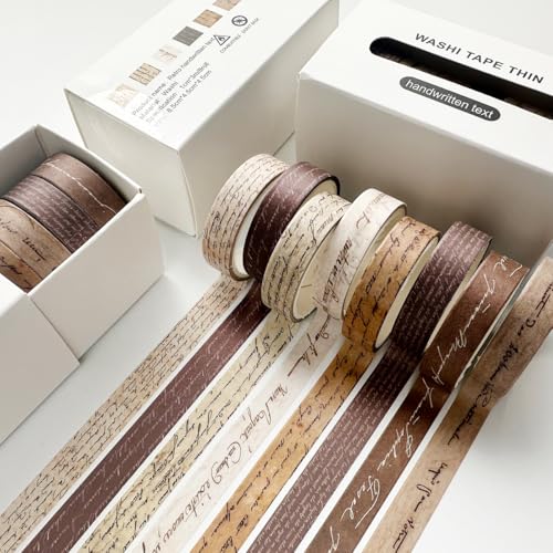 Vintage Washi Tape Set 8 Rolls Thin Retro Decorative Antique Patterns Masking Tapes for Arts, DIY Crafts, Journals, Planners, Scrapbook, Wrapping (Handwritten Text) - color: Handwritten Text