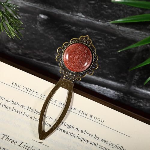 1Pcs Vintage Goldstone Bookmark with Natural Crystal Stone - Fantasy Brass Metal Bookmarks for Reading Women, Men, Book Lovers, Girls and Teachers Book Marks(Goldstone) - color: Goldstone