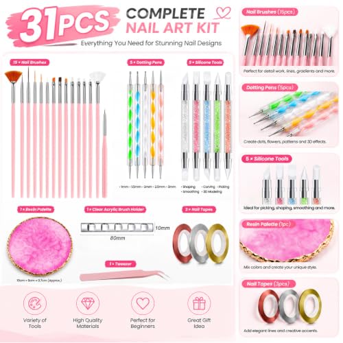 31Pcs Nail Art Brush Set with Dotting Tools, Liner Brushes & Silicone Pens - size: Style A