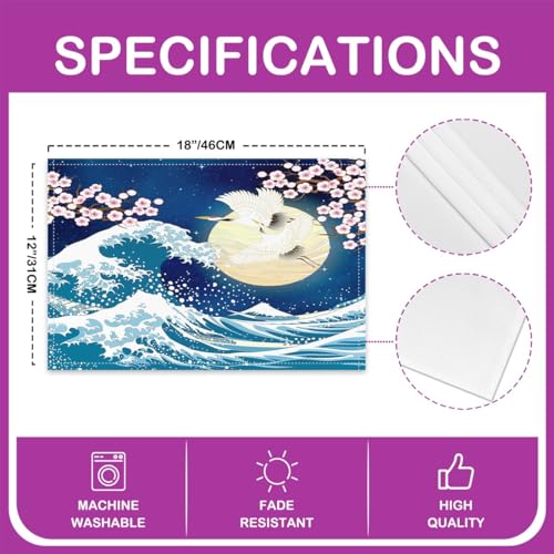 Feelyou Japanese Wave Placemats Set Set of 4 18"x12" - color: Blue