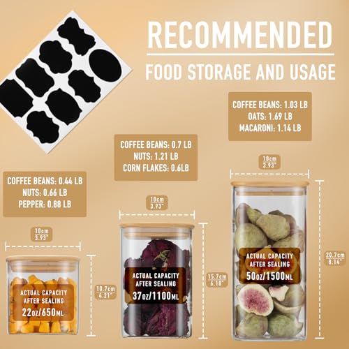 D2scrma 22oz/37oz/50oz Square Glass Storage Containers with Lids 6-Pack - size: 22oz*2/37oz*2/50oz*2