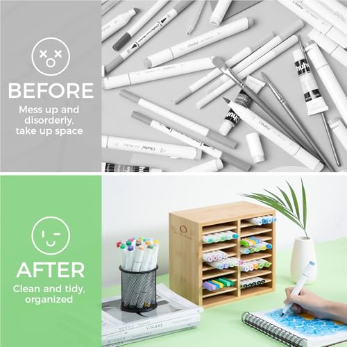 Ohuhu Bamboo Marker Organizer, Wooden Desktop Storage Holds 126 Markers - style: Right Angle Hold 126 Markers