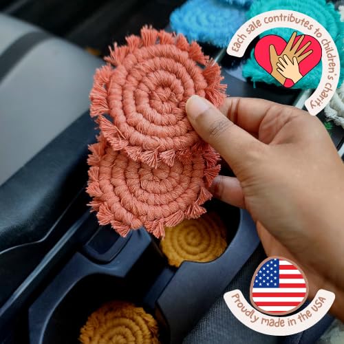 Cotton Car Coasters for Cup Holders, 2PC Car Cup Coasters, Drink Coaster Holder, Cute cupholder Coaster Accessories for Women, Macrame, Boho (Cafe Latte) - color: Cafe Latte