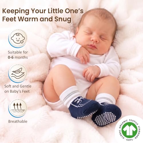 GOTS Organic Cotton Blend 12 infant socks with Grip 0-6 M Boy Non Slip Gift - color: Blue, size: 0-6 Months