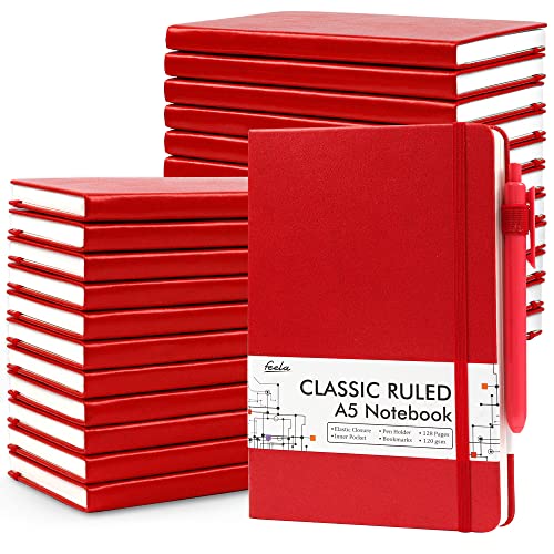 24 Pack Journal Notebook for Work, Feela Business Notebook Bulk Hardcover Lined Writing Journal with Pen Holder for Men Women Note Taking, with 24 Black Pens, 120 GSM, 5.1”x8.3”, A5, Red - color: 24 Pack red