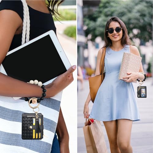 COOLANS Silicone Bracelet Wristlet Wallet Credit Card Holder RFID ID Window Key Ring Tassel Slim Wallet Women Keychain Purse - color: Black