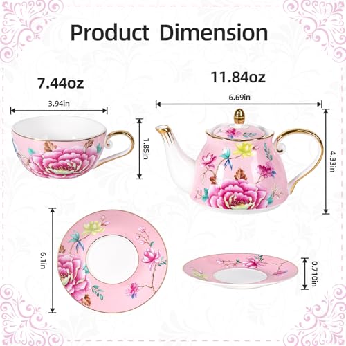 KAMMAK Tea for One Set, Ceramic Teapot, Bone China Tea Set, Cup and Saucer - color: Pink-GH9