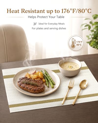 COOLMI Beige Placemats Set of 4, Washable Woven PVC Table Mats, Heat Resistant Non-Slip Place Mats for Dining Table, Flat Pack No Curled Edges, Indoor Outdoor, 17 x 12 Inch - color: Beige
