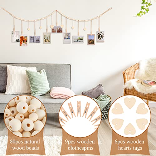 KLOGTSIND Hanging Photo Display with Clips, Wood Bead String Photo Banner