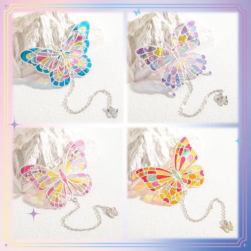 4PCS Stained Glass Style Butterfly Bookmarks, Aesthetic Colorful Metal Book Mark with Chain, Vintage Page Markers for Book Lovers, Reading Women, Unique Butterflies Bookmark Gifts - style: 4Pcs Butterfly