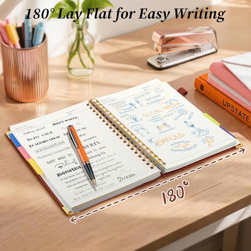 Hardcover Spiral Notebook Journal with Removable Dividers Tabs, 5 Subject Notebooks for Work School, 300 pages 8"x10" B5 leather Journal College Ruled, Cute Journal for Women Men, Brown - color: Brown