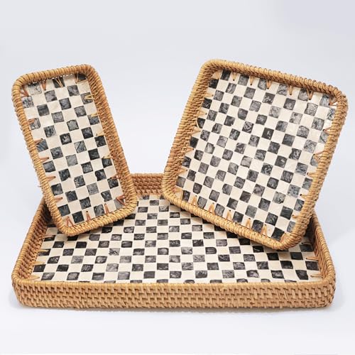 Set of 3 Rectangle Rattan Serving Trays with Mother of Pearl Inlay – Hand-Woven Wicker Trays for Coffee Table, Bathroom, Kitchen Counter or Entryway, Boho Coastal Decor, Checkered Design - color: Checkered Pattern