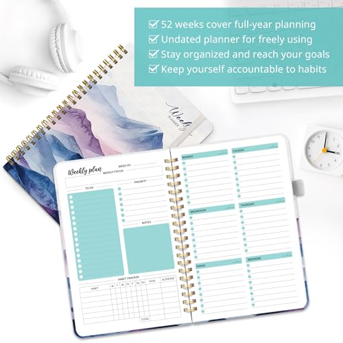 Taja Undated Weekly Planner, To Do List Notebook with Habit Tracker, A5 - color: k.Distant Peaks