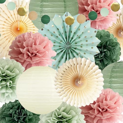 Sage Green and Dusty Pink Party Decorations Green & Pink Party Decor Sage Tissue Pom Poms Paper Lanterns Beige Paper Fans for Women Girls Birthday Wedding Bridal Shower Baby Shower Party Decor