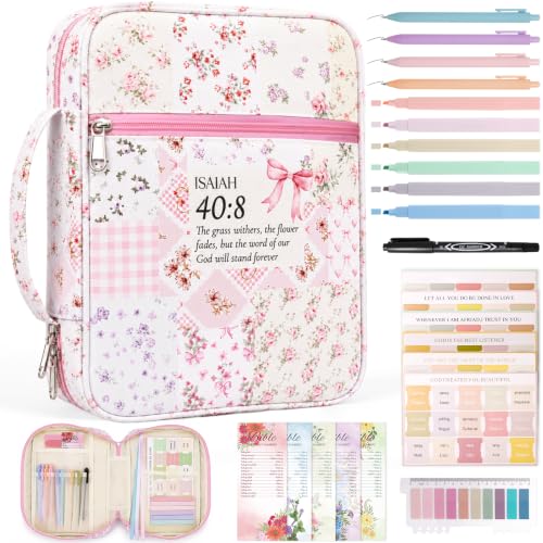 XKDOUS Bible Cover Case for Women Bible Bag Journaling Kit w/Study Supplies - color: Canvas Pink Patchwork, size: Large