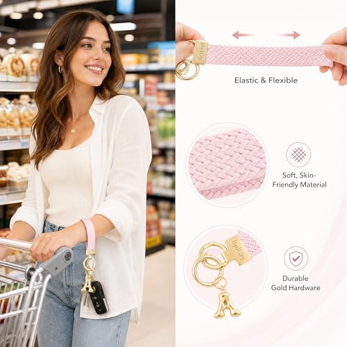 Stretchy Wristlet Initial Keychain, Key Chains Women Cute with Keyring, Llaveros para Mujer, Car Key Accessories - color: Light Pink, style: E