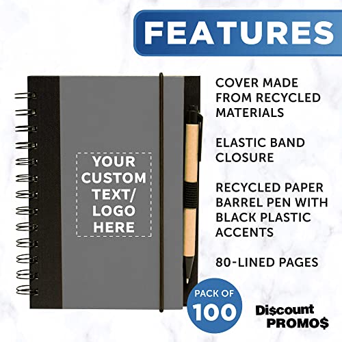 DISCOUNT PROMOS Custom Eco Block Notebooks with Pens Set of 100, Personalized Bulk Pack - Perfect for School, Office, Business, Home - Smoke - color: - Custom - Smoke, size: 10/50/100 notebooks