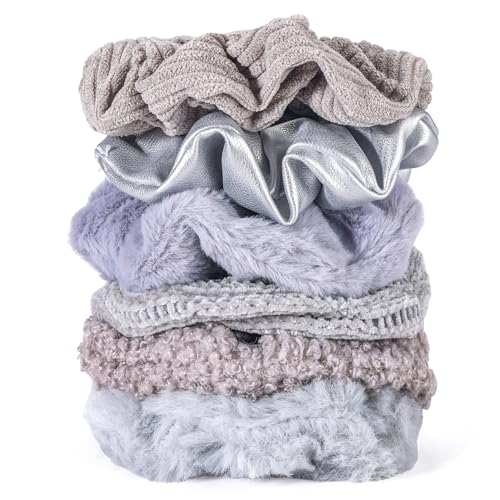 Scrunchies for Women Girls 6Pcs Grey Fuzzy Scrunchies for Thick Hair Ultra Textured Soft Corduroy Scrunchy Hair Ties Neutral Elastic Hair Bands Ponytail Holders Bulk Cute Hair Accessories - color: C-Grey 6PCS