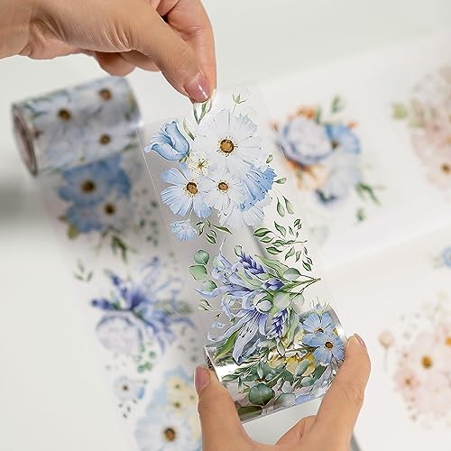 WT Serene Wide PET Tape, Single Roll, Original Designs, Watercolor Blue Flower Decorative Tape, Transparent Clear Adhesive Tape, Journal Scrapbook Bujo Planner DIY Craft Supplies - color: WT Serene Wide PET Tape