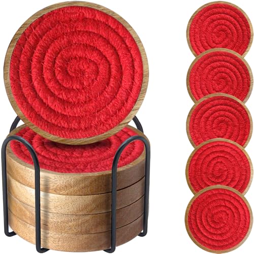 Wood Coasters for Drinks, Eykao Absorbent Coaster Sets of 5, Woven Drink Coasters for Coffee Table, Housewarming Gift for Farmhouse Home Decor,4 inches - color: Red (With Holder)