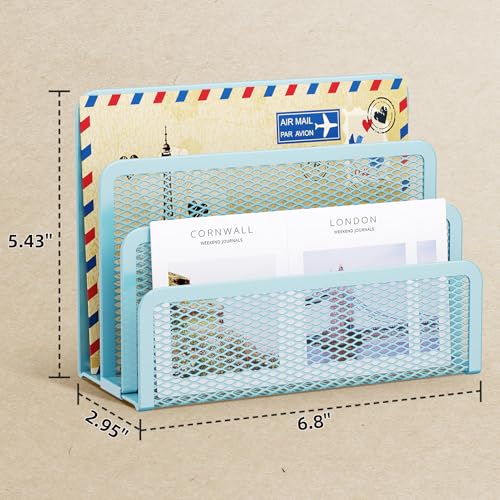 Marbrasse Mail Organizer for Desk, 3-Slot Mesh Metal Mail Holder countertop, Letter Holder, Office Desktop Envelope and Document Storage Rack (Blue) - color: Blue