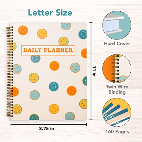 Undated Daily Planner Notebook 8.5x11, To Do List Notebook, Habit Tracker Journal, A4 Large Hardcover Spiral Schedule Notebook Planner, Retro Aesthetic Daily Planner Undated for Students Girls Teens - color: Happy Face