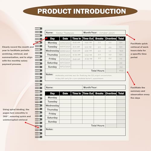 1 Pcs Weekly Time Sheet Log Book Spiral Binder 120 Pages 8.5x11 Inch Work Hours Log Book Payroll Record Book Timesheet logbook Daily Time Journal for Small Business Office (1)
