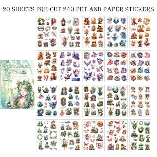 Scrapbook Fantasy Stickers 20 Sheets 240 Pre-Cut Washi Stickers for Journaling PET Transparent Fairy Sticker Decorative or DIY Paper Crafts, Arts and Crafting Projects - color: Forest Elves
