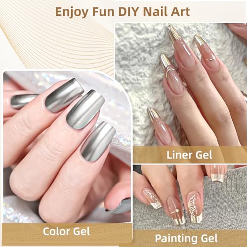 Gold Silver Metallic Gel Liner Nail Polish 3D Mirror Chrome Gel French Tip - color: Gold