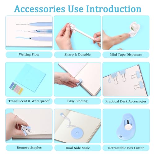 Mini Office Supply Kit, Blue Stapler with Staples and Tape Dispenser Set, Mini Stationary Kit Includes Sticky Notes Index Tabs Highlighters Gel Pens for Office & School (Blue) - color: Blue