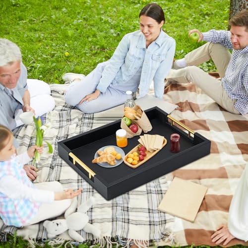 Black Rectangle Serving Tray with Gold Handles for Party,Large Wood Decorative Tray for Ottoman,Faux Leather Coffee Table Tray Decor - color: Black, size: 17" x 12" x 2"