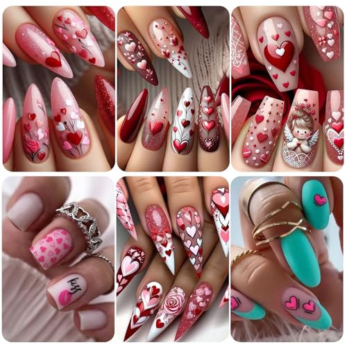 Valentine's Day Nail Art Stickers 12 Sheets 3D Self-Adhesive Heart Nail Decals with Tweezers Romantic Love Hearts Flower Lips Balloon Leopard Designs Brown Pink Slider for Women Nails Art Decoration - style: Valentine