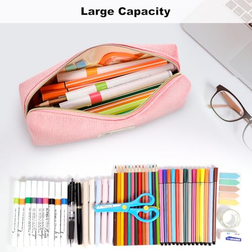 FINPAC Pencil Case, Corduroy Aesthetic Makeup Bag - color: Pink