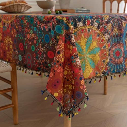 Boho Tablecloth for Square Tables,Fringed Edges with Geometric Pattern Tablecloths,Farmhouse Floral Table Cover Cloth Decorative for Kitchen Dining Room,59"x 102" - color: Dot Colorful, size: 102" x 59" (Rectangular)
