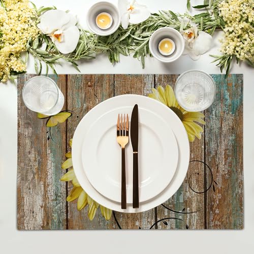 Giwawa Rustic Daisy Placemats Set of 4- Yellow Sunflowers Vintage Wood Board Linen Place Mat- Farmhouse Wooden Floral Non Slip Heat Resistant Table Mats for Kitchen Dining Cabin Lodge Decor - color: Daisy Yellow
