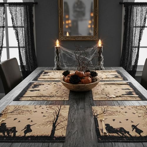 DaDalogy Farmhouse Rustic Dining Placemats - Set of 4 Tapestry Woven Cotton Halloween Kitchen Table Mats Fall Silhouette Decor - Family Cozy Cabin Orange Tan Black Decorative - 13” x 19” - color: Autumn Family Blessing
