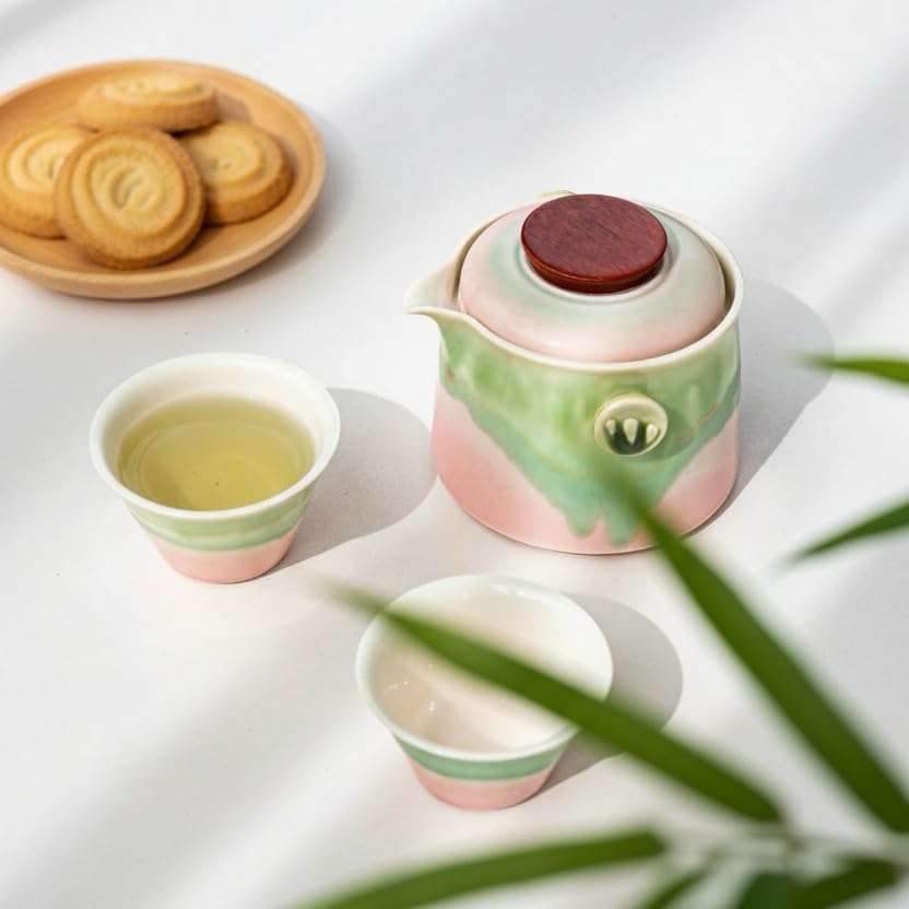 Hermit Life Chinese Travel Tea Set, Portable Ceramic Teapot for One to Two, Gongfu Tea Set with Color Gradient Design, 1 Pot 2 Cups, Gift for Tea Lovers (Pink&Pistachio Green) - color: Pink&Pistachio Green