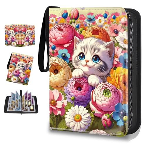 4 Pocket Trading Card Binder, Holds 400 Cards, 3-Ring Binder - color: Beautiful flowers and cats