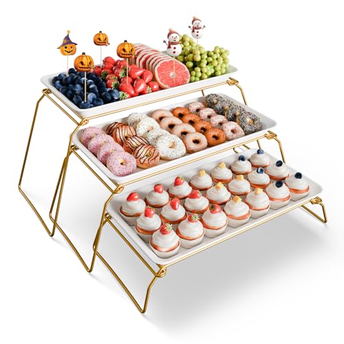 Bumusty Large 3-Tier Melamine Serving Tray Set, 17 x 8.7 in, Gold Stand - color: Gold, size: 17" x 8.7"