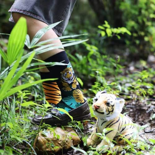2 Pairs Cartoon Animal Crew Socks Fun Cotton Mid Calf Socks for Women - color: Tiger