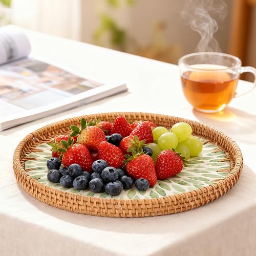 Round Rattan Tray with Mother of Pearl Inlay, Boho Style Decor Tray is Suitable for Bread Fruit Coffee, Also Functions as Kitchen Dining Table Home Decor Trays (Green)