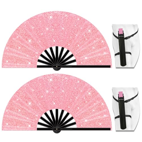 13" Large Folding Rave Fan with Holster, Clack Hand Fans Foldable for Line Dancing for Women Men Festival EDM Party Decoration, Glitter Pink 2 Pack - color: Glitter Pink