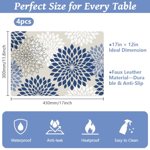 Peacoblue Placemats Set of 4,Faux Leather Blue Dahlia Flowers Design - style: Blue Dahlia Flowers