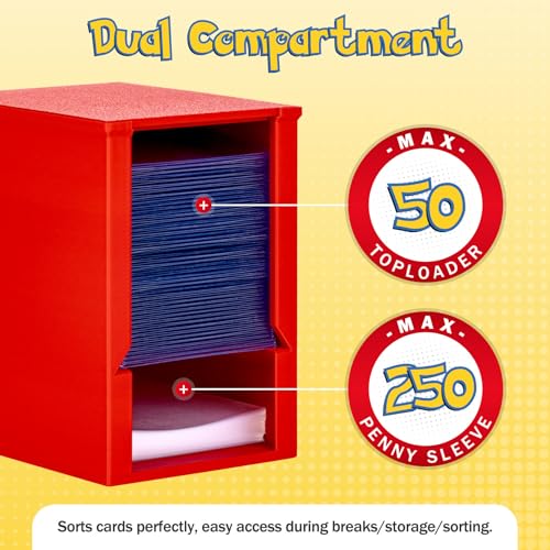 Toploader Dispenser & Penny Sleeve Holder - Dual Compartment Holds 250 Penny Sleeves & up to 50 Top Loaders, Stackable Card Storage Box with Dustproof Lid (Red) - color: Red