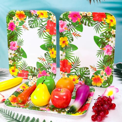 JarThenaAMCS 3Pcs Summer Tropical Luau Serving Trays Reusable Serving Dishes Watercolor Hawaiian Hibiscus Floral Monstera Melamine Platter for Pool Beach Aloha Birthday Party - style: Tropical Luau
