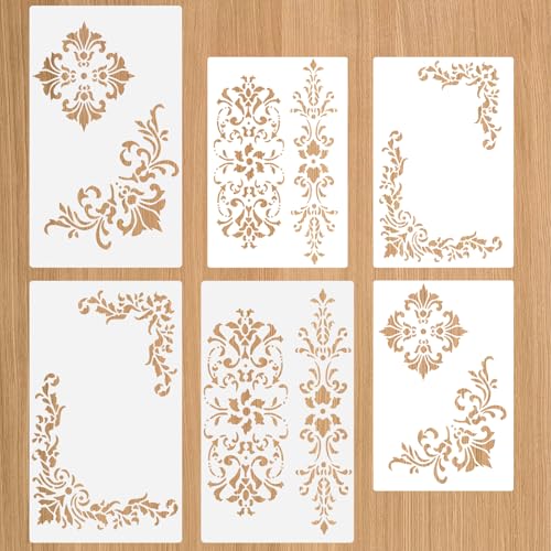 6 Pcs Vintage Border Stencil, Floral Corner Stencils for Painting, Reusable Corner Template for Furniture, Scrapbook, Drawing, DIY Craft