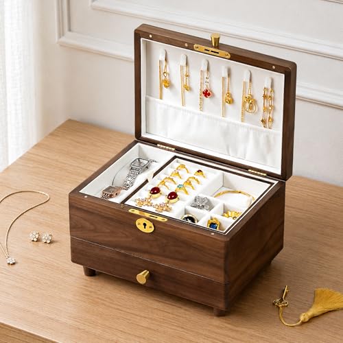 Black Walnut Lockable Jewelry Box with Feet, 3 Layer Wooden Case for Women - color: 3 Layer Full Lock with Feet