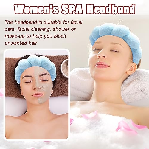 Zkptops Spa Headband for Washing Face Wristband Set Sponge Makeup Skincare Headband Terry Cloth Bubble Soft Get Ready Hairband for Women Girl Puffy Padded Headwear Non Slip Thick Hair Accessory(Blue) - color: Blue