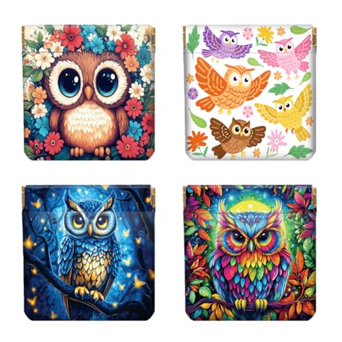 Peacoblue Colorful Owls Coin Purse,PU Leather Squeeze Pouch 4PCS - style: Colorful Owls
